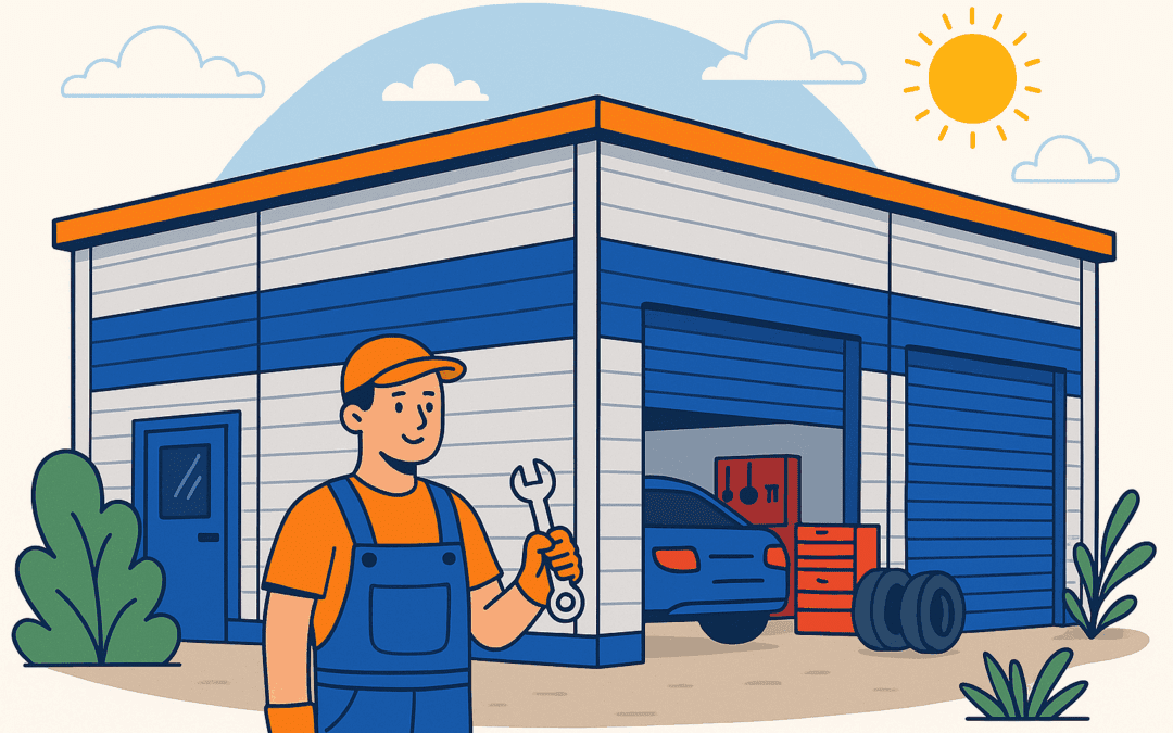 Farebná ilustrácia moderného autoservisu postaveného zo sendvičových panelov, s garážami, autami a personálom.