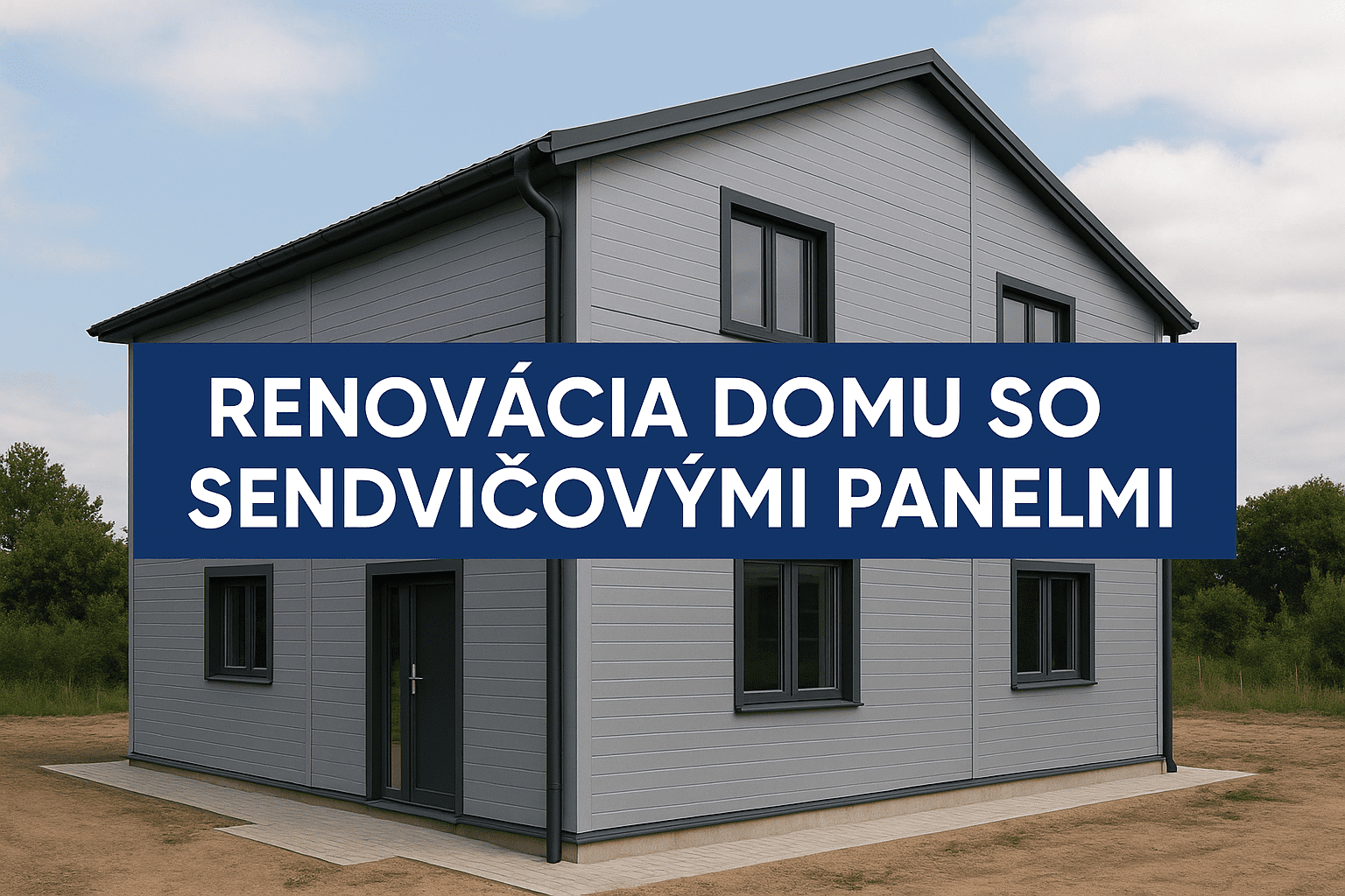 Zrekonštruovaný rodinný dom s moderným opláštením zo sivých sendvičových panelov počas slnečného dňa.