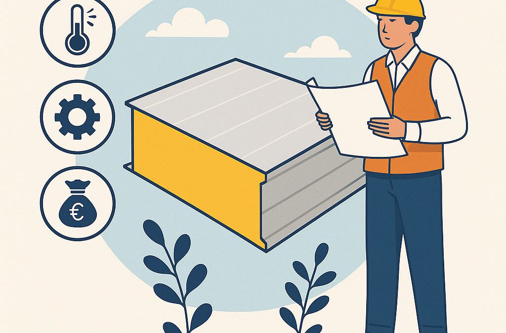 Ilustrácia technika so stavebným plánom a sendvičovým panelom, znázorňujúca jeho výhody ako tepelnú izoláciu, efektivitu a úsporu nákladov.