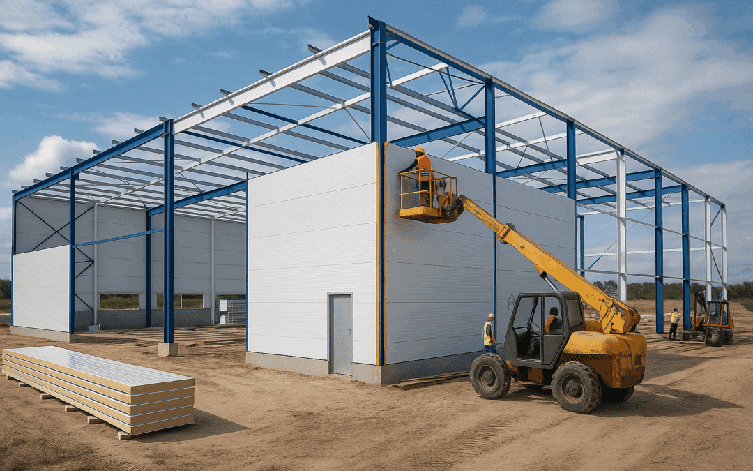 Inštalácia sendvičových panelov na priemyselnú halu s oceľovou konštrukciou pomocou výsuvnej pracovnej plošiny.