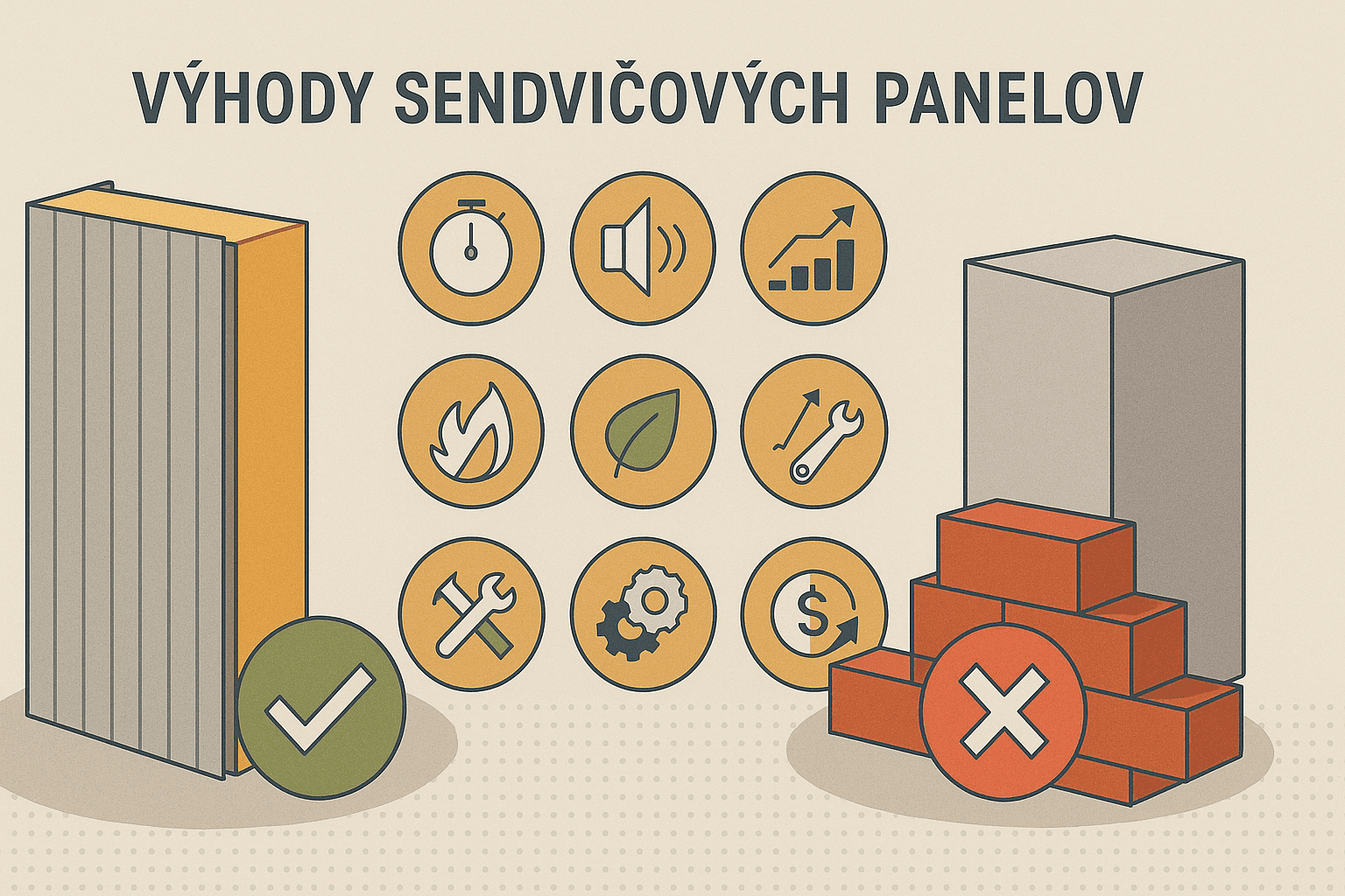 Infografika porovnávajúca výhody sendvičových panelov oproti tradičným stavebným materiálom
